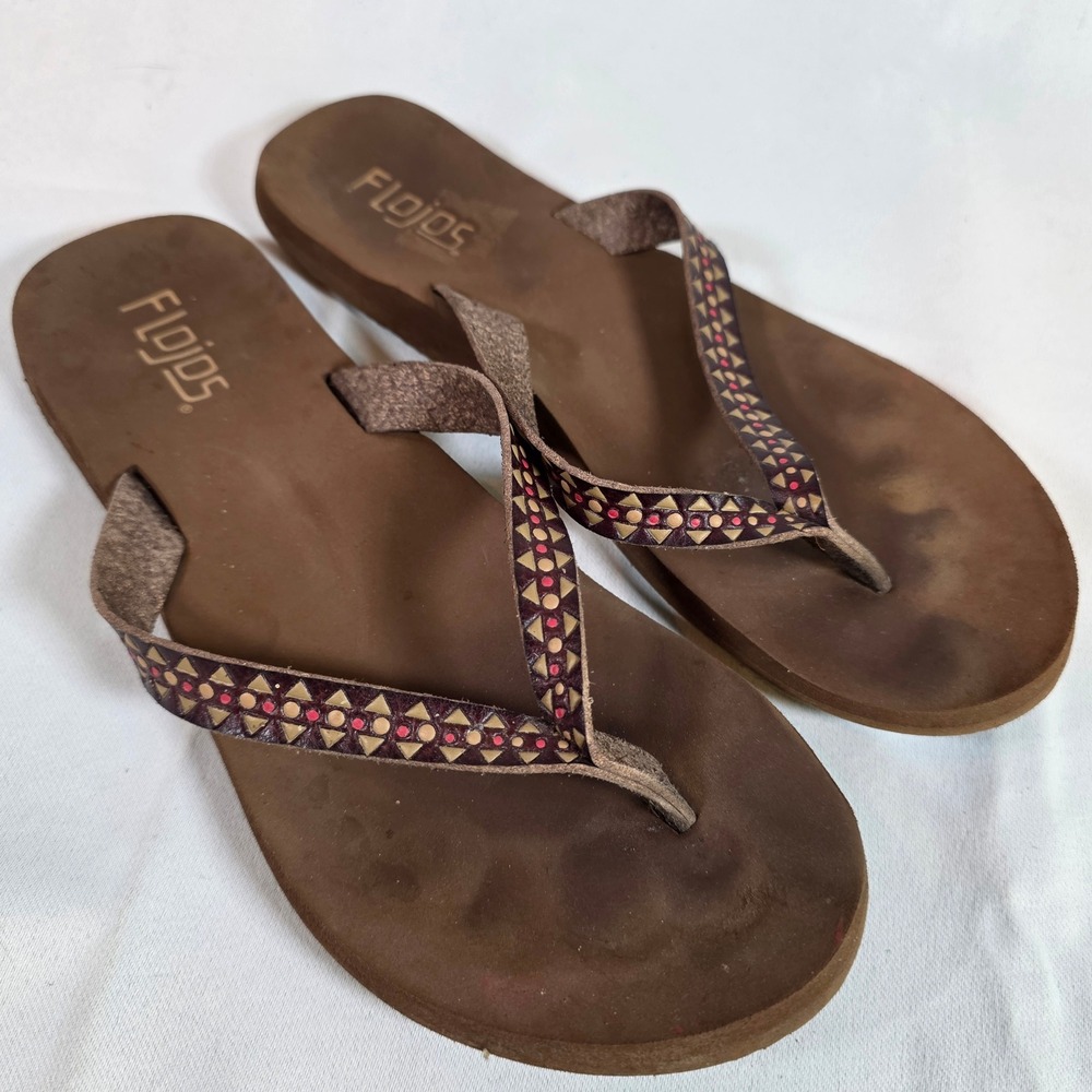 Flojos Deja Thong Sandals Womens 7 Brown Tribal Flip Flops